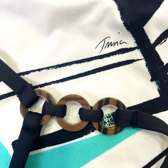 TRINA TURK Copacabana One Piece Swimsuit Tropical Print Teal Black Strappy Sz 4 - Picture 7 of 14